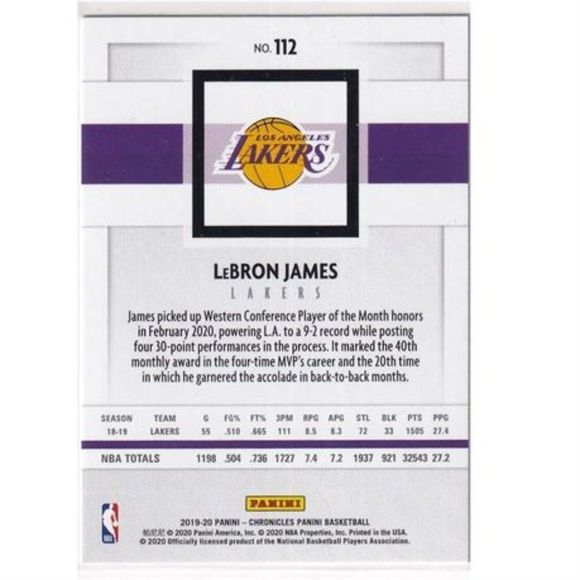 2019-20 LEBRON JAMES NBA CHRONICLES CARD - Picture 2 of 2